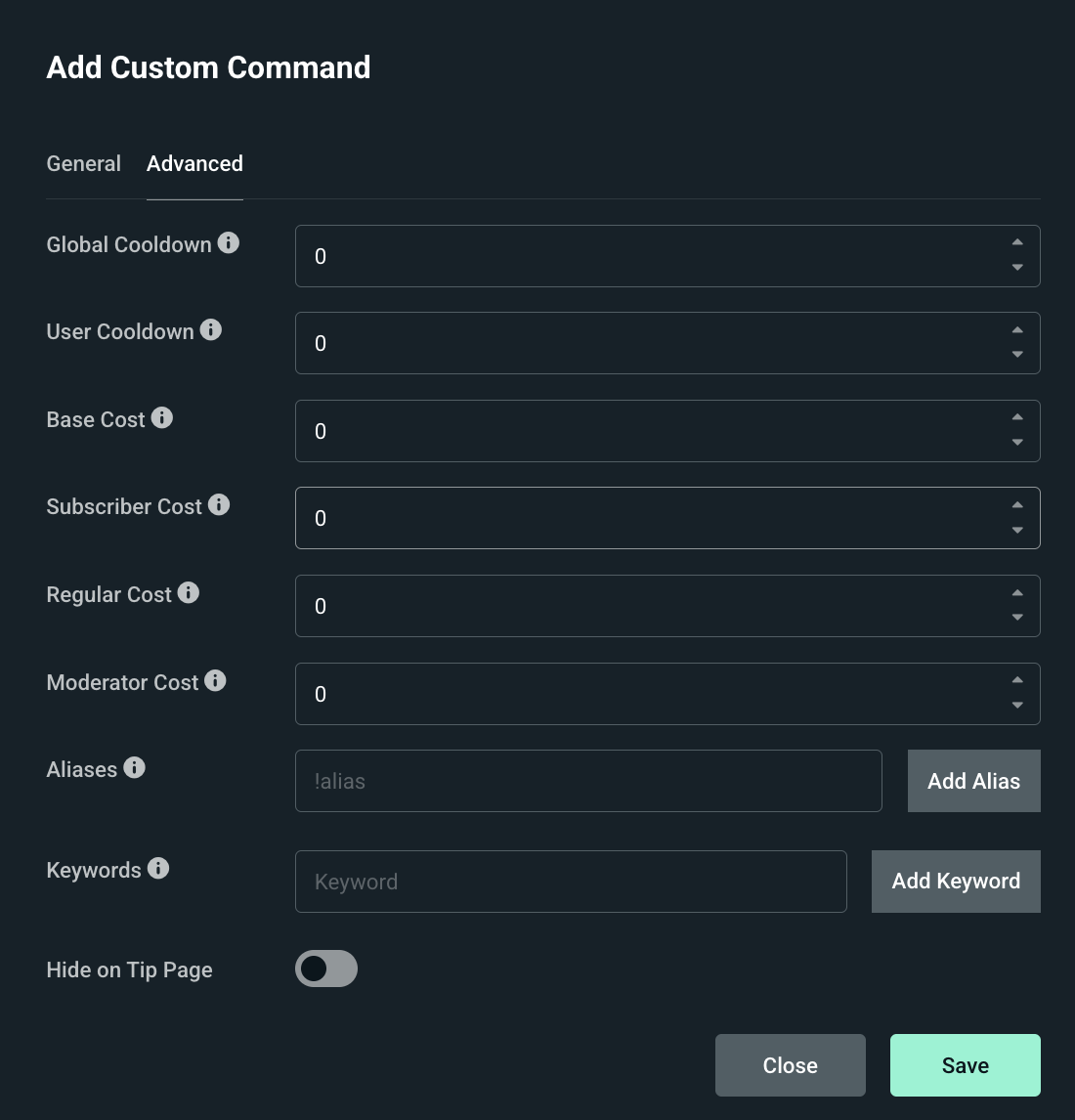 Advanced settings for custom commands for Cloudbot